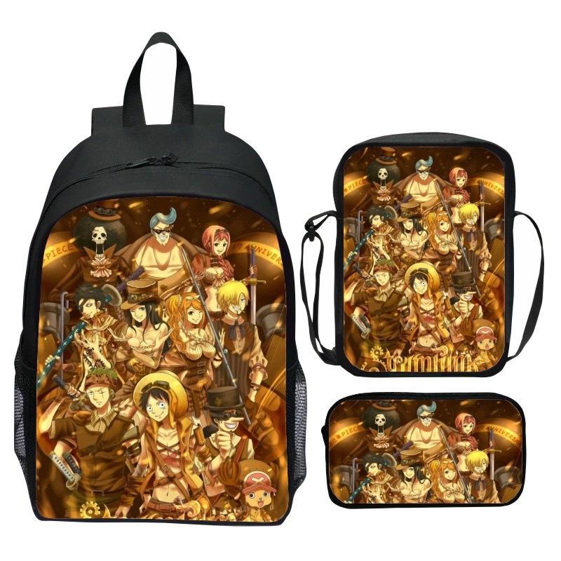 One Piece Printed 3-Piece Backpack Set Cartoon Pirate Navy Elementary School Bag Large Capacity Water-Resistant Kids Backpack