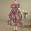 2025 Summer New Retro Printing Cotton and Linen Dress Women's Loose and Thin Round Neck Short-sleeved A-shaped Long Dress