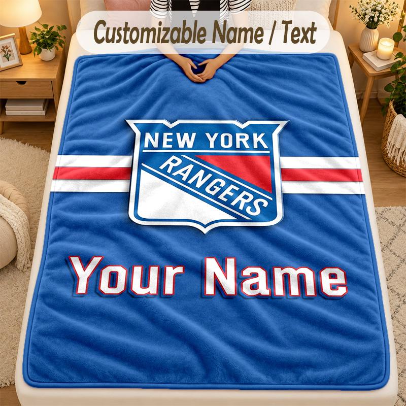 Flannel BlanketNew York Rangers Custom Name Text Personalized Soft Warm Throw Blanket Home Decor Gift