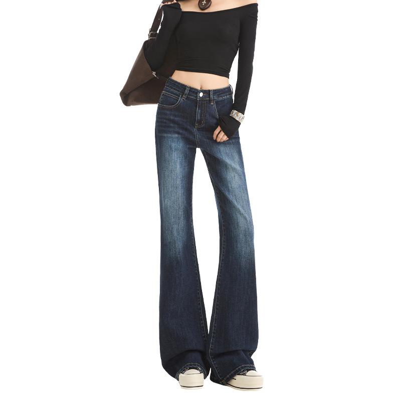 Dark blue and gray micro-pull jeans women's autumn new Spice Girl high-waisted elastic and thin versatile horn pants