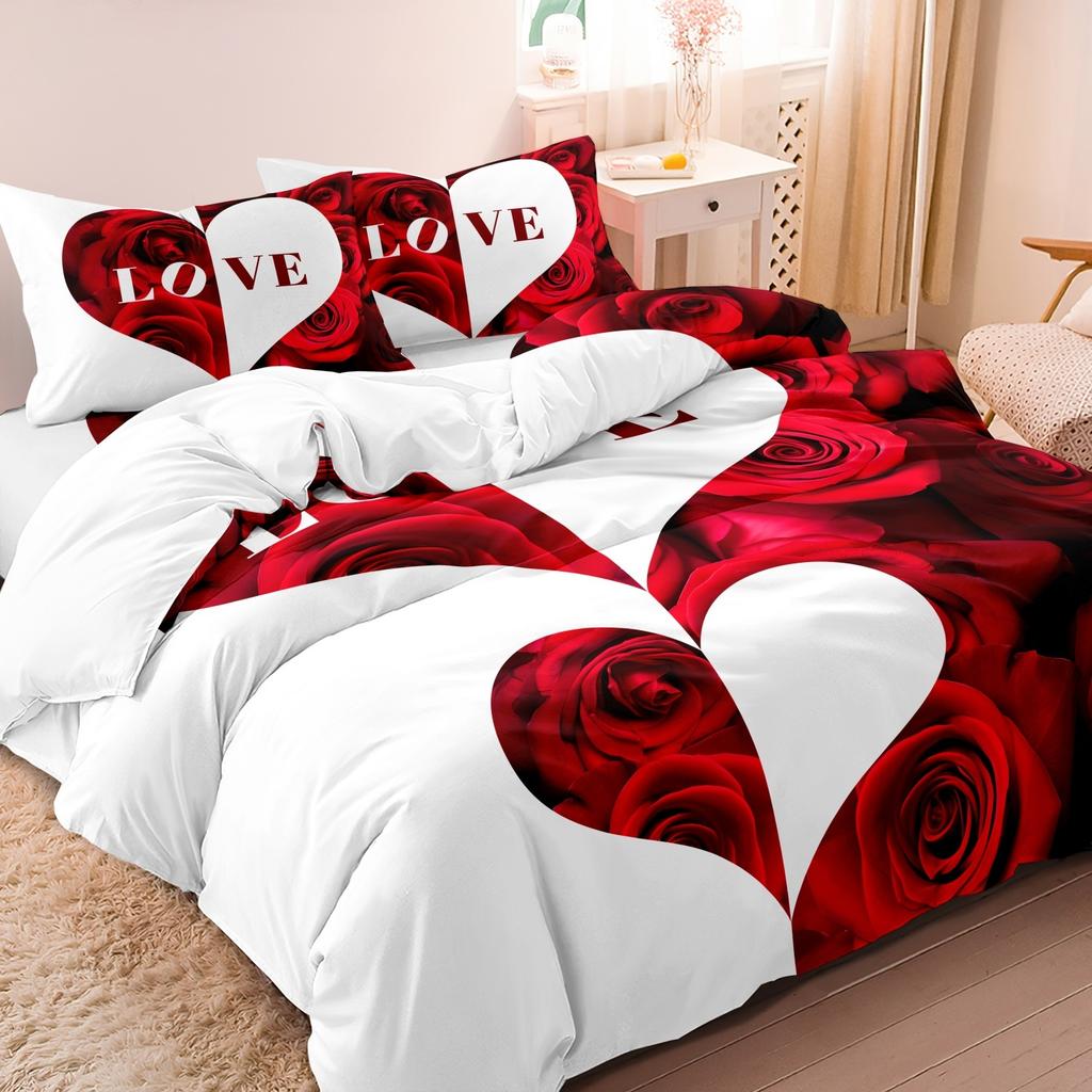 3Pcs Set Red Black Me And You Rose Letters Heart Pattern Printed Quilt Duvet Cover Bedding Set For All Season Bedroom Hotels
