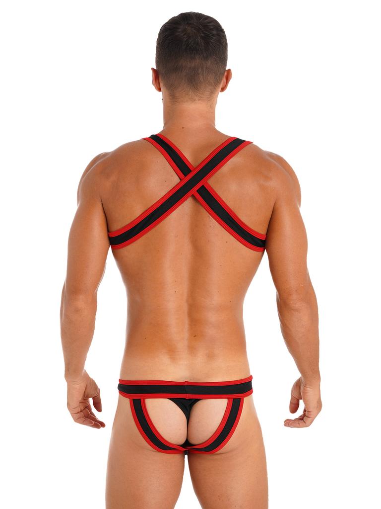 Mens Contrast Trim Chest Harness Jumpsuit Bulge Pouch Design One-Piece Bodysuit Jockstrap Underwear for Cosplay