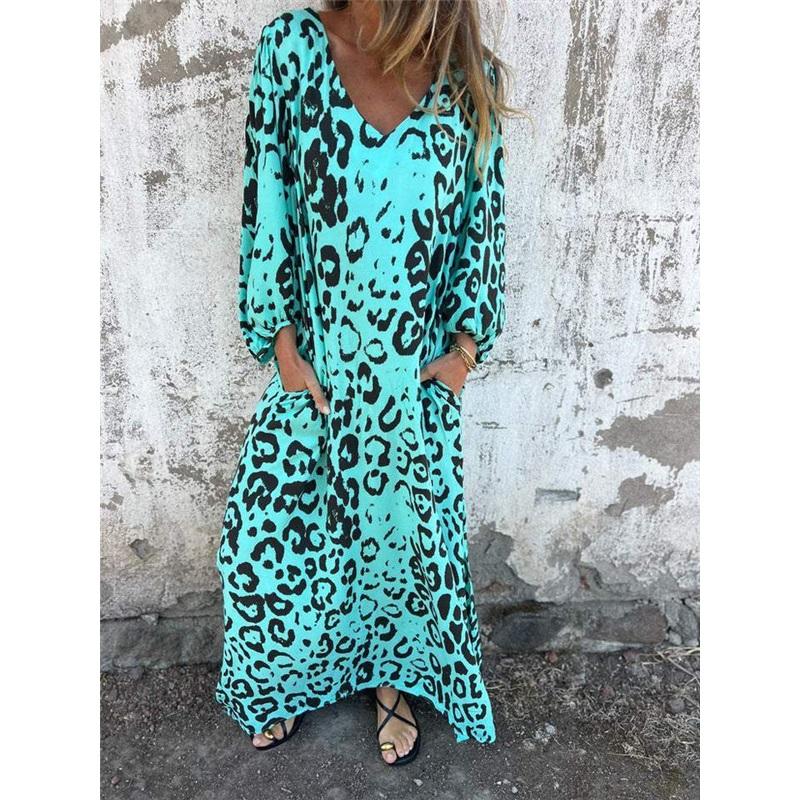 Женское длинное платье свободного кроя с длинными рукавами и V-образным вырезом с леопардовым принтом