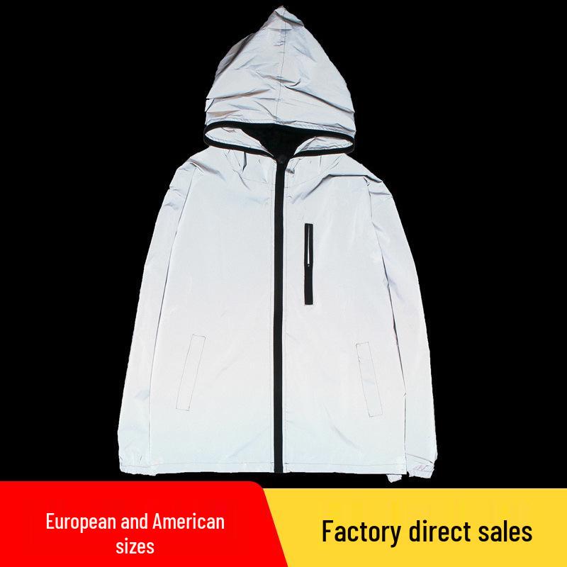Men's Reflective Silver Grey Hooded Jacket - Trendy Spring/Autumn Streetwear for Outdoor Sports