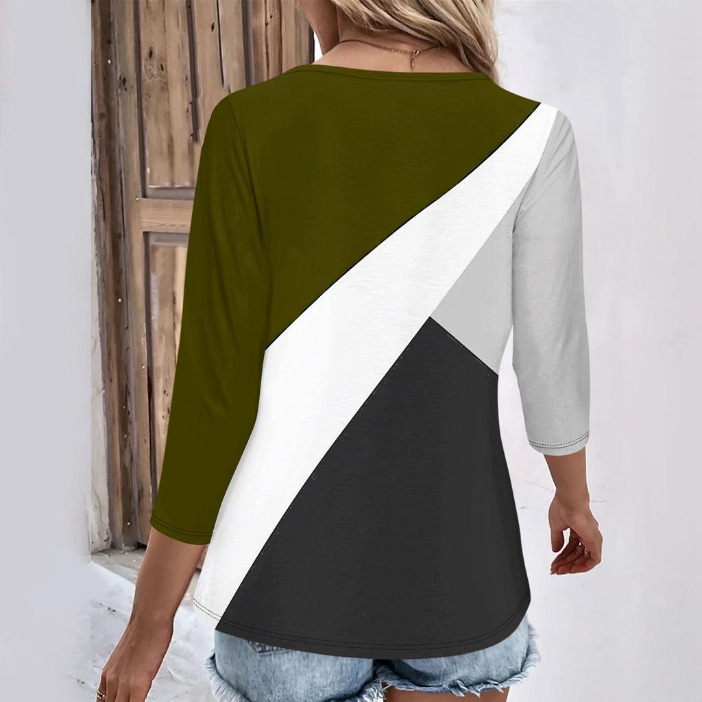 Womens 3/4 Sleeve Daily Weekend V Neck Casual Printed Tshirts Loose Fit Pleated Tees Ladies Blouse