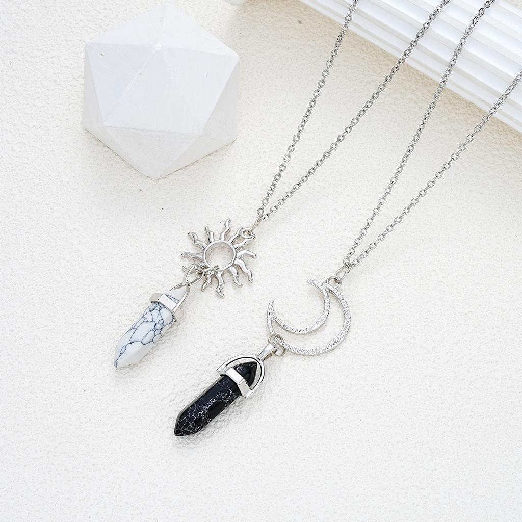 2 Pcs Sun Moon Natural Stone Bullet Pendant Necklack For Men Women Lover Hexagon Pillar Quartz Crystal Stone Column Necklaces
