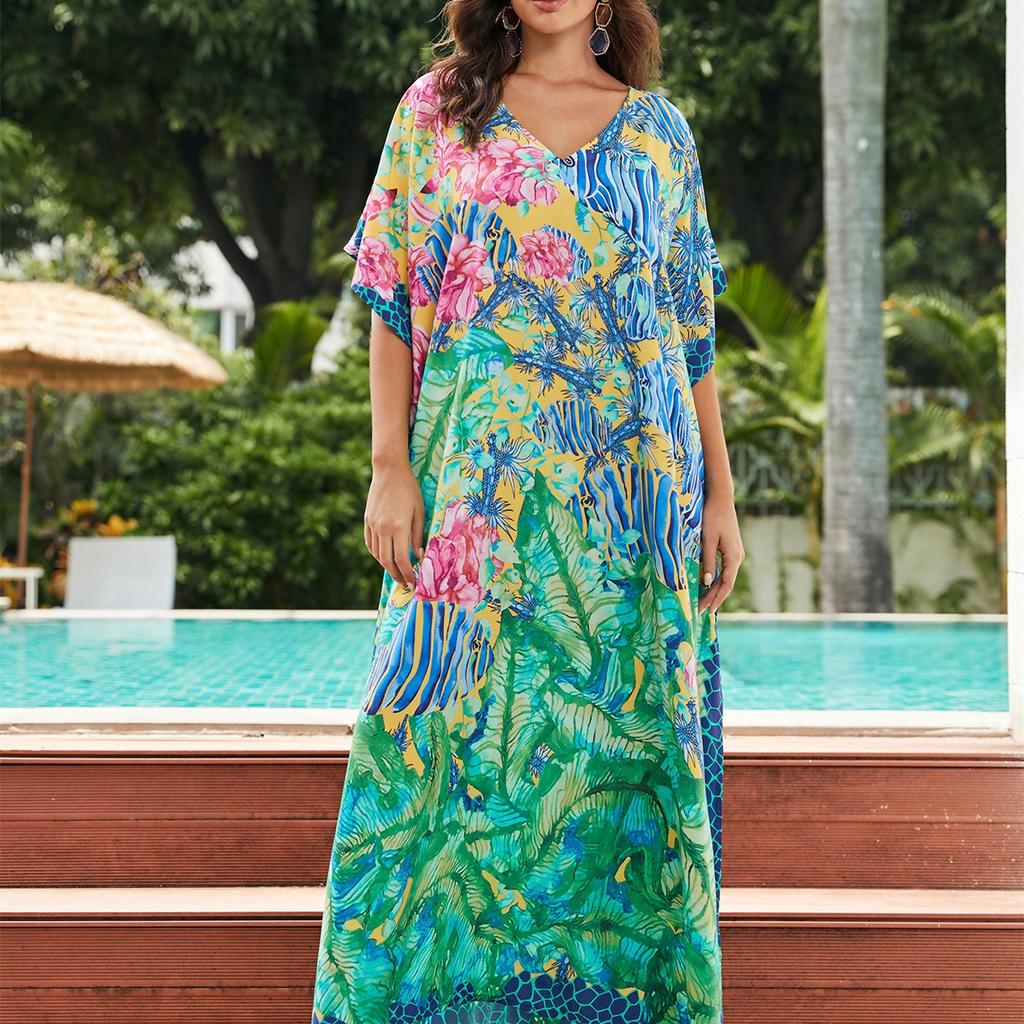 YYFS Женская мода отпуск лето весна цветочный узор принт рукава 1/2 с v-образным вырезом повседневные платья