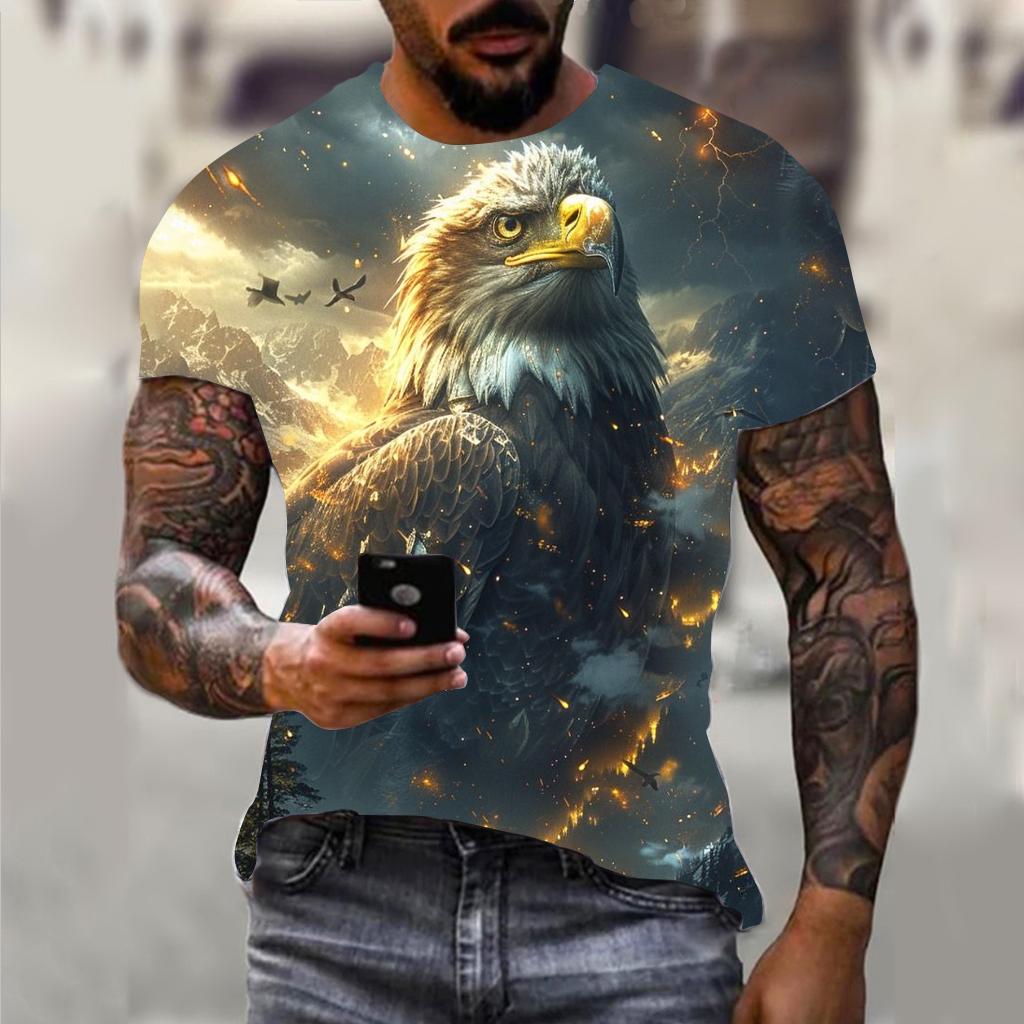 Fun 3D Animal Eagle Print Men's T-shirt Hip Hop Trend Street Casual Round Neck Short Sleeve Loose Top