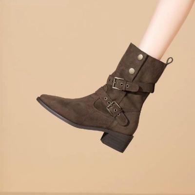 Ретро коричневые ковбойские ботильоны для женщин и мужчин - Осень/Зима 2025 Повседневный стиль до середины икры