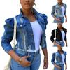 Fashion Women's Solid Button Wear Out Long Puff Sleeve Denim Jacket Coat
