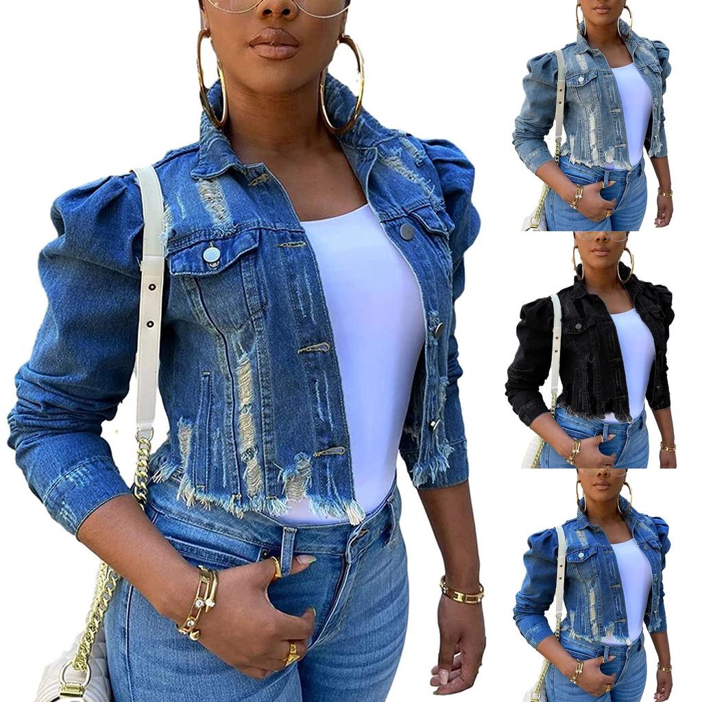 Fashion Women's Solid Button Wear Out Long Puff Sleeve Denim Jacket Coat