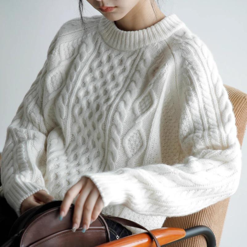 Women's French Wool Cable Knit Sweater - Loose, Thickened, Cashmere, Slimming Autumn/Winter Outerwear