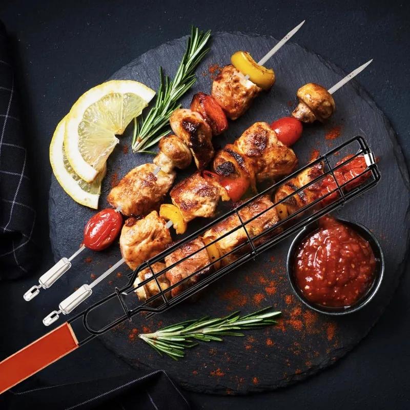 BBQ Skewers Basket Wooden Handle Barbecue Cage Outdoor Camping Barbecue Net Square Meat and Vegetable Barbecue Tube BBQ Tools