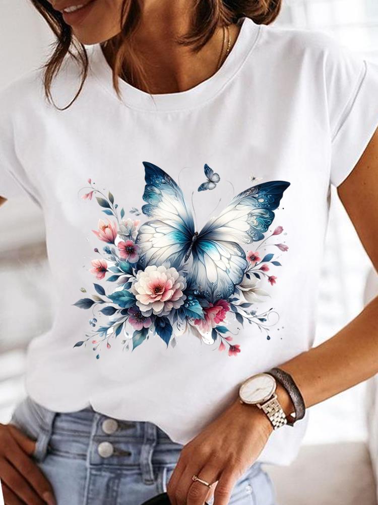 (Asian Size) Clothing T Shirt Lovely Cartoon Butterfly Fashion Tee Print Lady Women Casual Top Short Sleeve Female Graphic T-shirts
