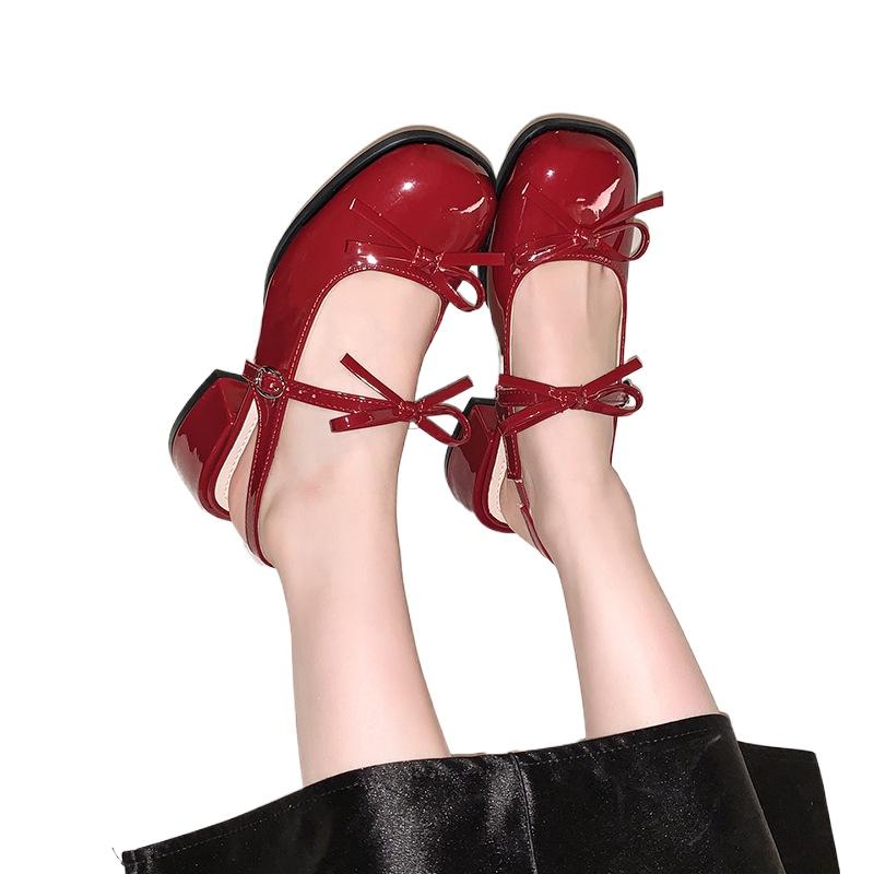 Модные горячо продаваемые 2025 босоножки на блочном каблуке  Новый круглый носок с неглубоким вырезом и бантом на одном ремешке, противоскользящие, износостойкие, с закрытым носком, на каблуке-рюмочке