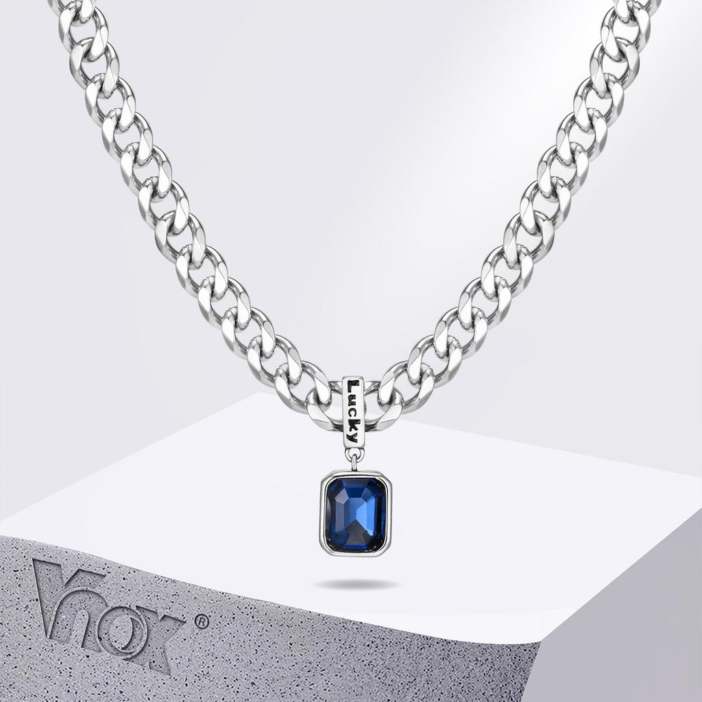 Geometric Square Blue Stone Pendant Necklaces, Stainless Steel Lucky Collar, Unisex Cuban Link Chain Chokers