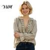 Long Sleeve Shirts Women Half Zipper V-Neck Blouse, Bohemian Ruffle Top, Breathable Top Solid Color Loose Fit Pleated Shirt for Spring Fall Design