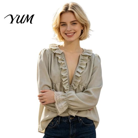 Long Sleeve Shirts Women Half Zipper V-Neck Blouse, Bohemian Ruffle Top, Breathable Top Solid Color Loose Fit Pleated Shirt for Spring Fall Design