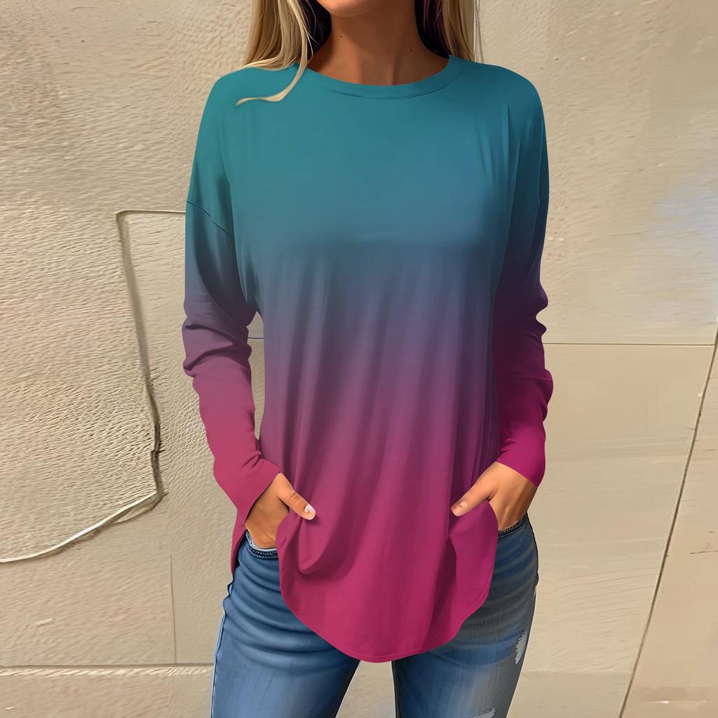 Women's Loose Round Neck Gradient Print Long Sleeve T-Shirt Top Pullover