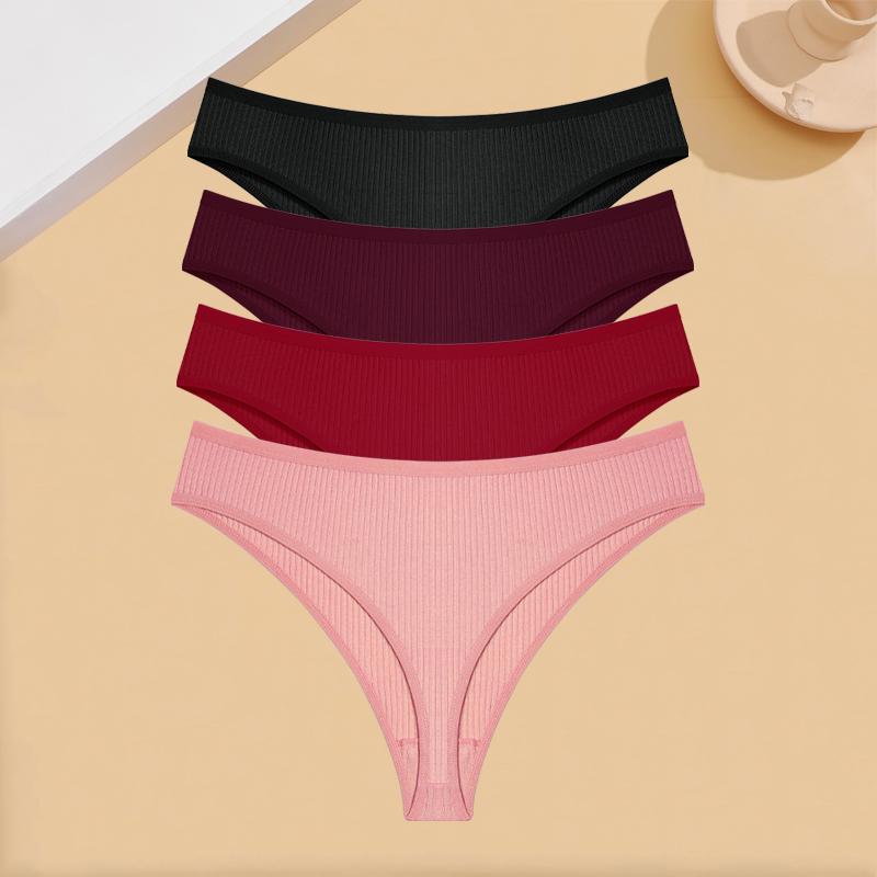 FINETOO 4Pcs Cotton Ribbed Underwear Women's Sexy Low-Waist Breathable Thongs Girls Sports Panties Stretchy T Back Soft Lingerie
