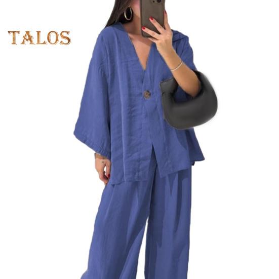 Женский комплект из двух частей из хлопка и льна, топ с длинным рукавом и V-образным вырезом на пуговицах, широкие брюки, повседневная домашняя одежда