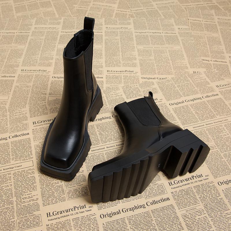 Осень Зима Винтажные Сапоги до колена на толстом каблуке Женские Модные туфли с квадратным носком Женские Панк Короткие ботильоны De Muje