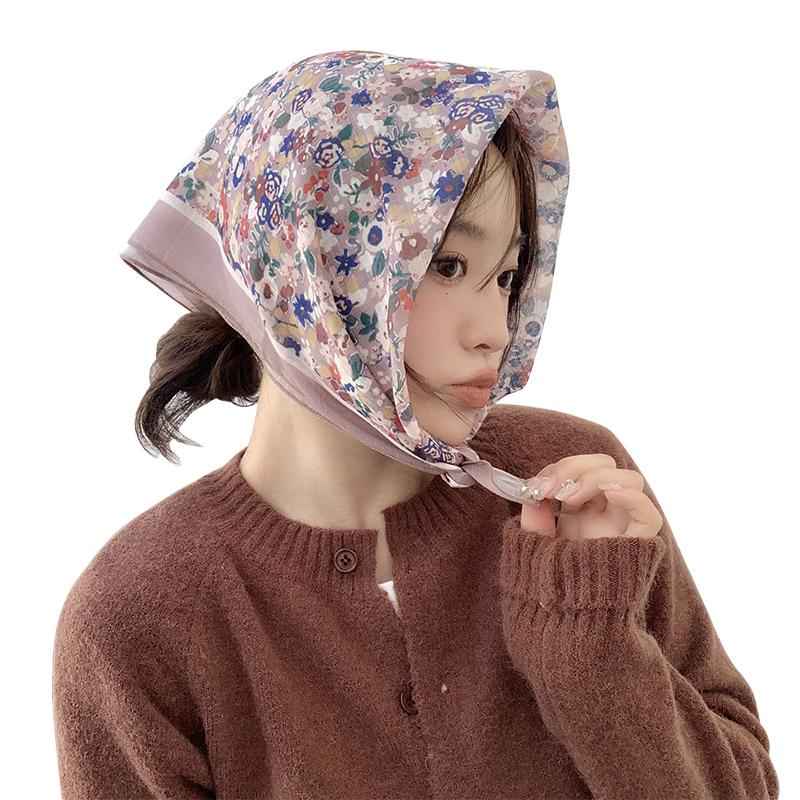 Dopamine cotton and linen headscarf Korean version sunscreen small square scarf female sweet and cute small silk scarf fashionable versatile decorati
