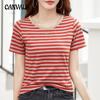 Летняя женская футболка с круглым вырезом, полосатый топ с короткими рукавами