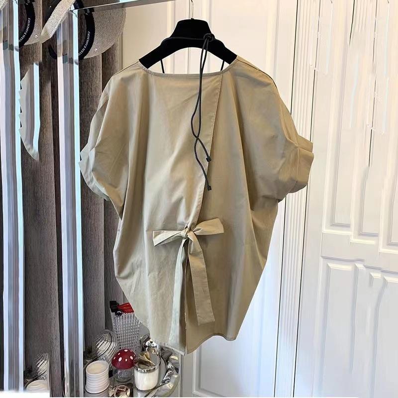 Женская мода подол блузки летние О-образный вырез короткий рукав повседневные стильные разрез сзади однотонные рубашки топы