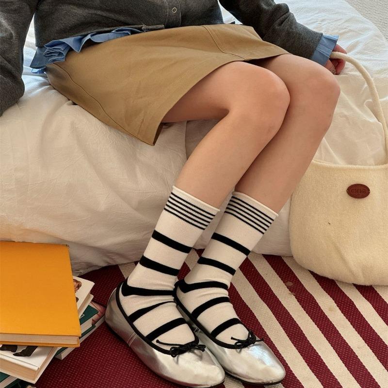 Mulberry, Silk, Cotton, Wool Socks, Winter Striped Boneless Socks, Mid-calf Socks, Striped Socks for Women