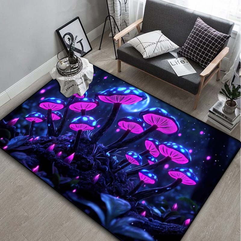 Magical Purple Glow Mushroom Forest Area Rug, Fantasy Butterfly Night Scene Floor Mat for Living Room Bedroom