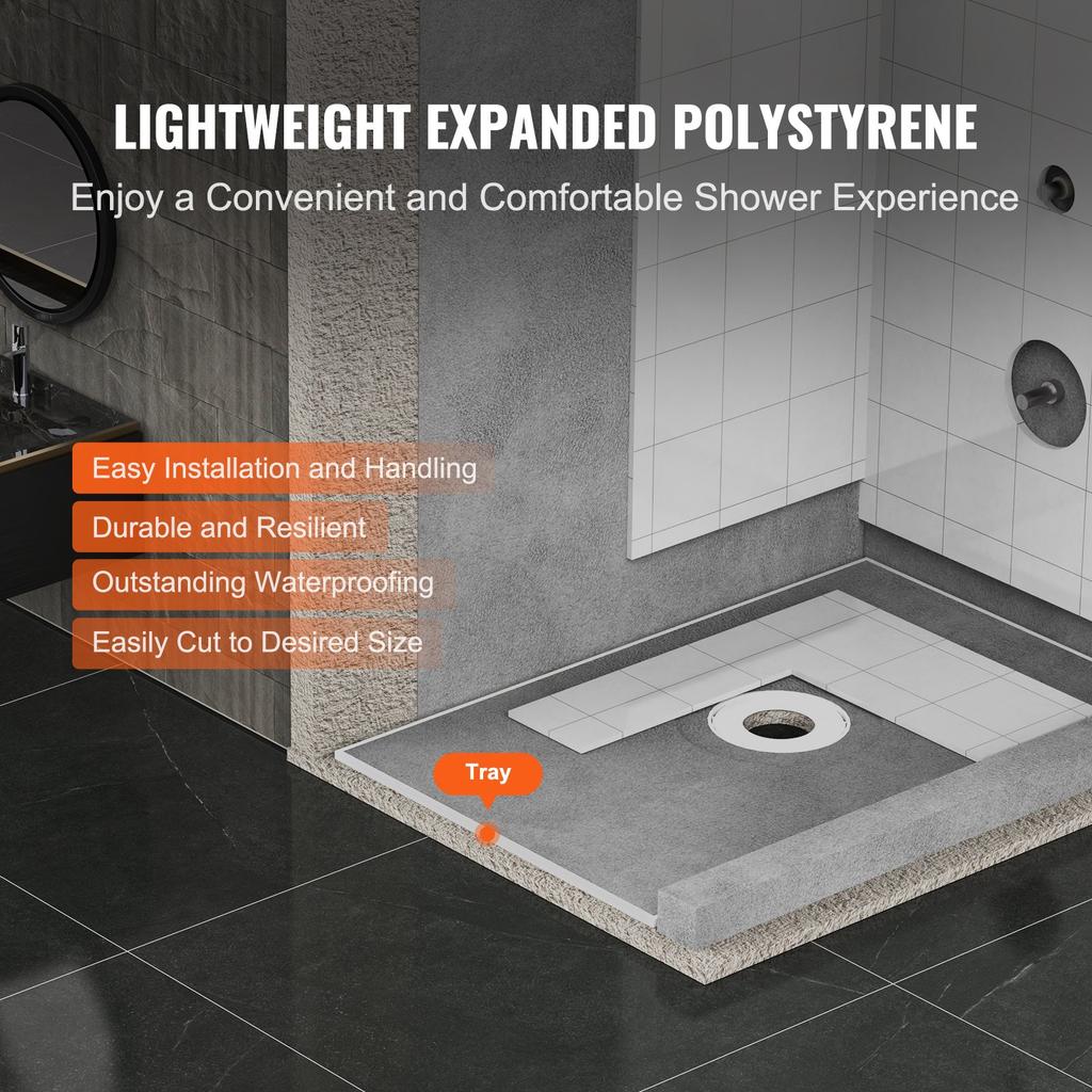 VEVOR Shower Curb Kit, 1524x965mm Shower Pan Kit with 160mm Central Drain, Lightweight EPS Shower Installation Kits with 2 Waterproof Cloths