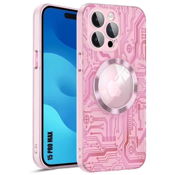 Coque pour iPhone 15 Pro Max avec Cercle Magnétique et Protection Caméra, Antichoc Rigide Translucide Rose - Motif Circuit Imprimé
