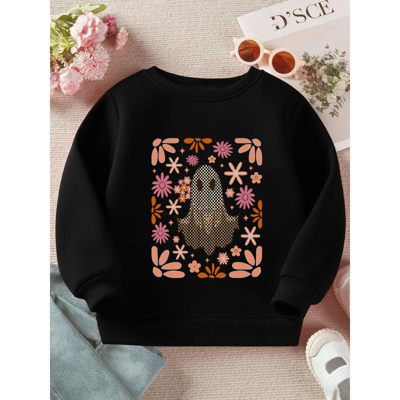 Kids Crewneck Sweatshirt, Soft Tone Floral Cute Ghost Graphic Print, Cozy Casual Long Sleeve Pullover