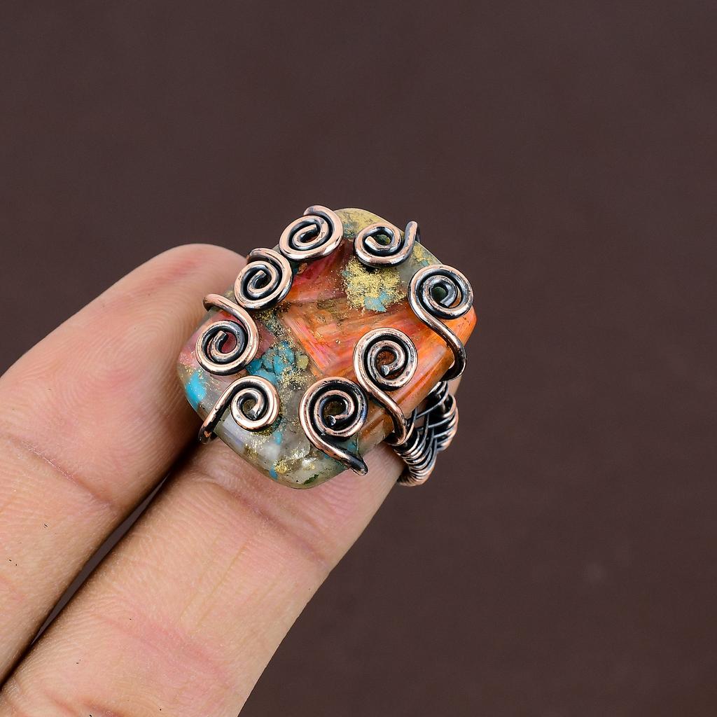Подарочное кольцо ручной работы из медной проволоки с натуральным драгоценным камнем колючая устрица, размер 6 Y4U08