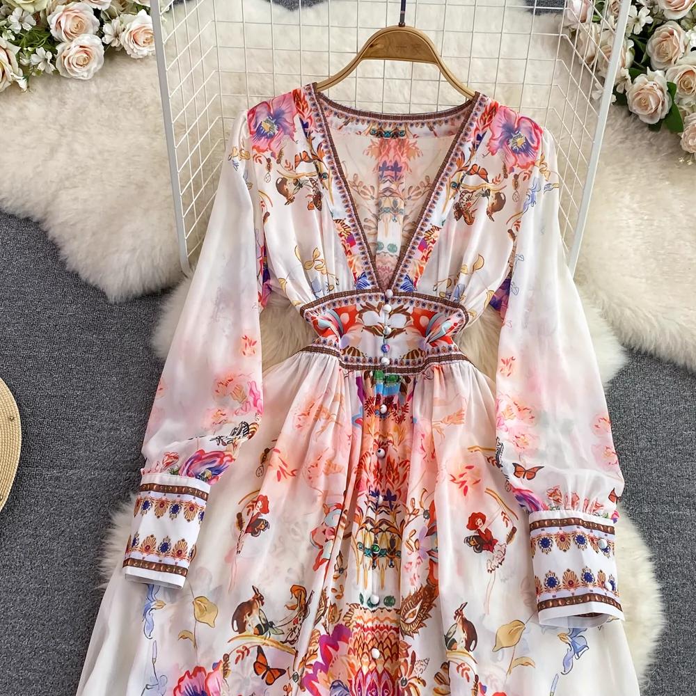 Однобортное свободное платье трапециевидной формы с длинными рукавами и V-образным вырезом на талии и принтом Temperament