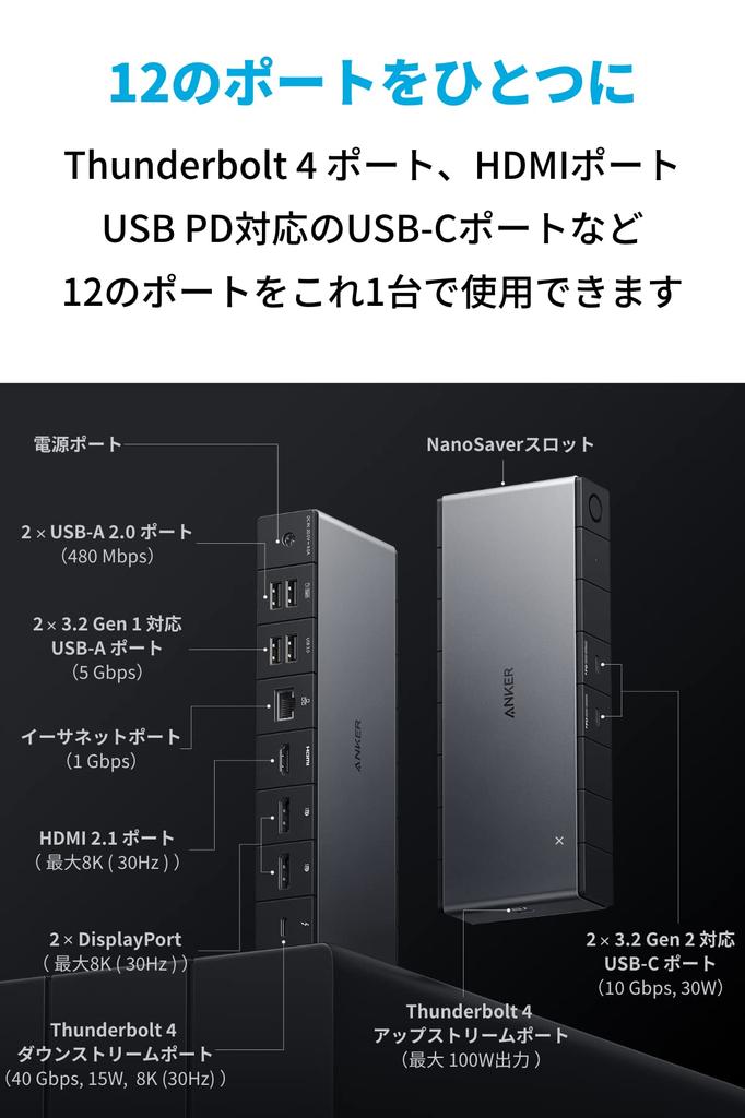 Anker 778 Thunderbolt Docking Station Thunderbolt Output 8K 4K HDMI Port DisplayPort 40Gbps Data Transfer 100W USB PD Compatible Port 1Gbps Ethernet