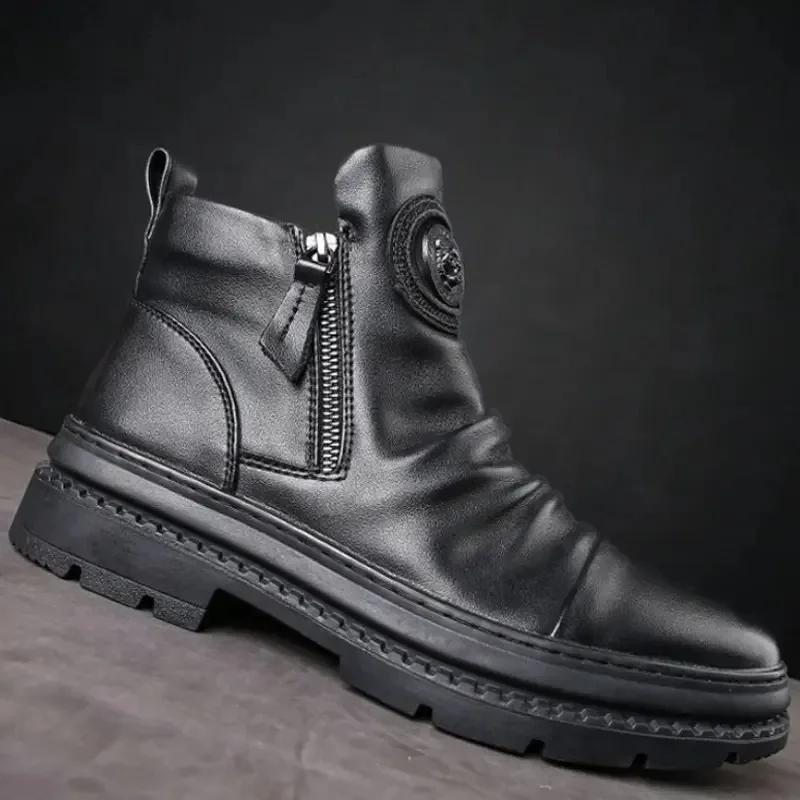 Fashion Men's Boots Fashion Motorcycle Boot Luxury Leather Ankle Boots Plush Warm Winter Boots for Men Casual Platform Boot Botas Hombre