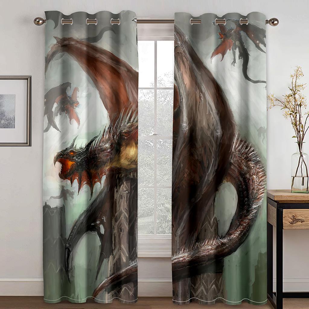 Customize Red Medieval Fantasy Dragon Design 2 Panels Thin Window Curtains for Living Room Bedroom Drape Decortion