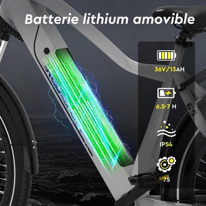 RCB G5 Vélo Électrique 27,5" 480W, 36V 13Ah, Jusqu'à 80 km, 38Nm, Capteur de Couple, 7 Vitesses,Argent