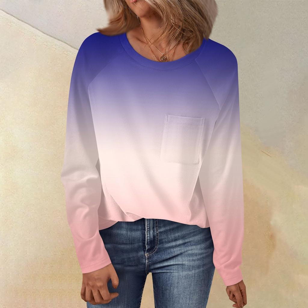 Women's Round Neck Gradient Printed Raglan Sleeve Long Sleeve Versatile Loose Top