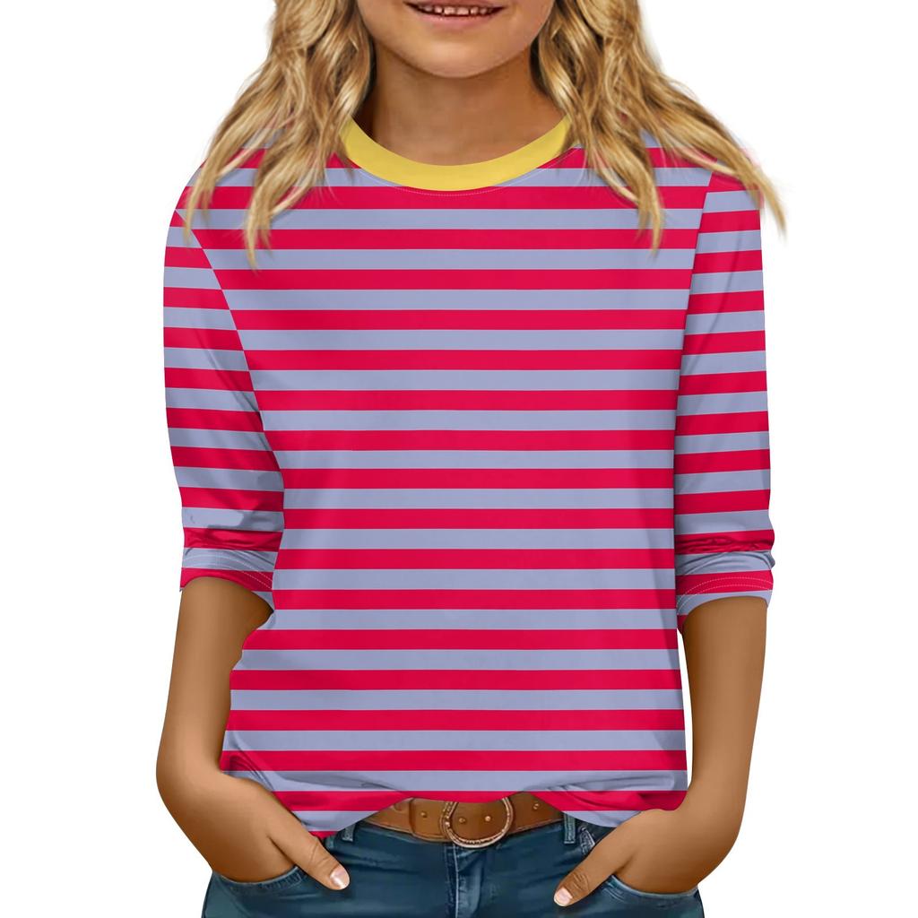 Children's 3/4 Sleeve Tops Casual Print T Shirt Round Neck Pullover Blouse