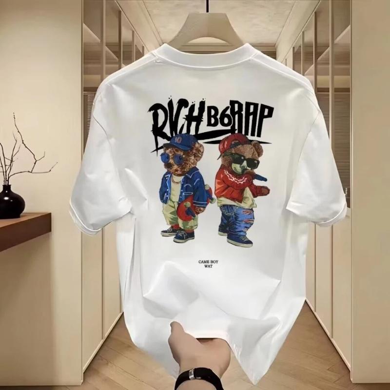 Plus Size Casual American Style Fashion Round Neck Short Sleeve Tee Loose Cotton T Shirt for Men Teddy Bear Pattern Print Casual Couple Shirt