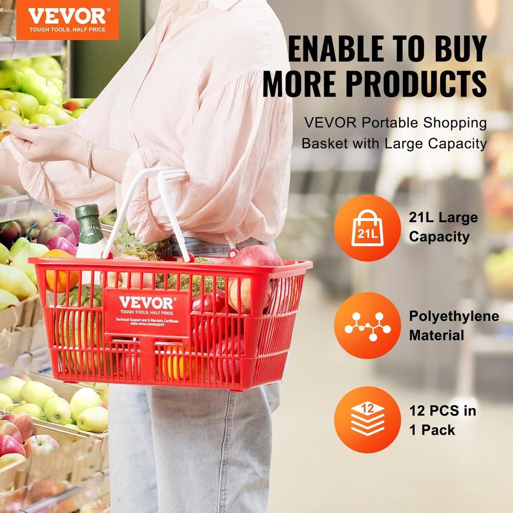 Shopping Basket Portable Grocery Basket 12PCS 21L with Handle & Stand Red