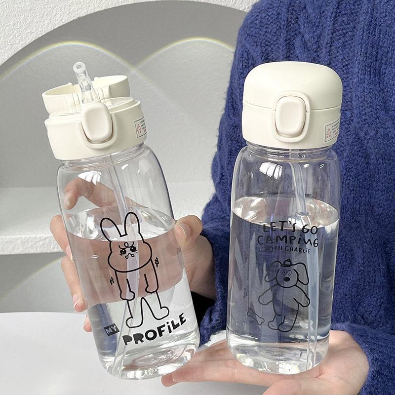 Пластиковая бутылка для воды 600 мл с соломинкой, прозрачная бутылка для воды, спортивная чашка с откидной крышкой, портативная, мультяшная, с присоской для льда