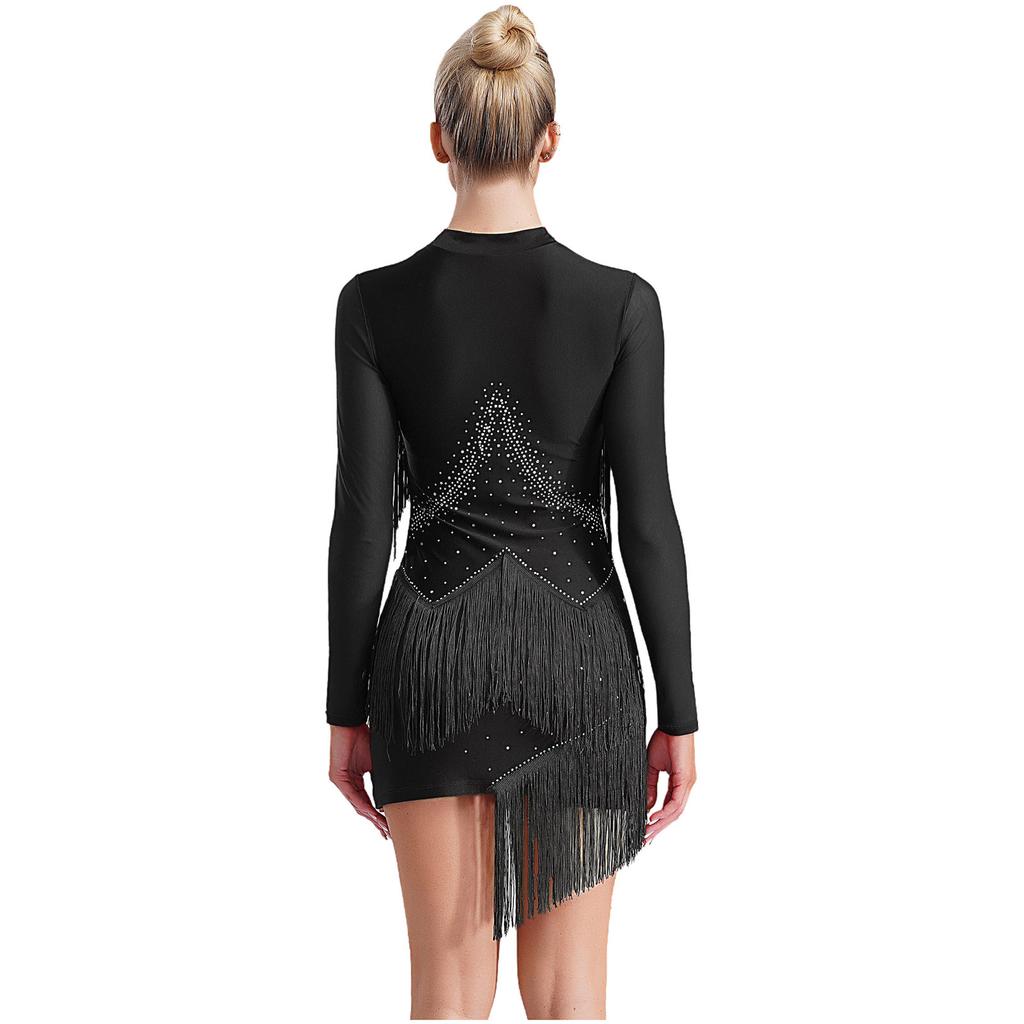 Женское платье для латинских танцев с V-образным вырезом и длинным рукавом, блестящая бахрома из страз, костюм для выступлений в стиле танго, румба, ча-ча-ча