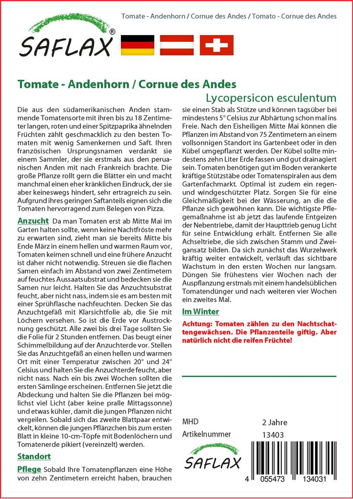 SAFLAX Помидор - Cornue des Andes - 10 семян - Lycopersicon esculentum