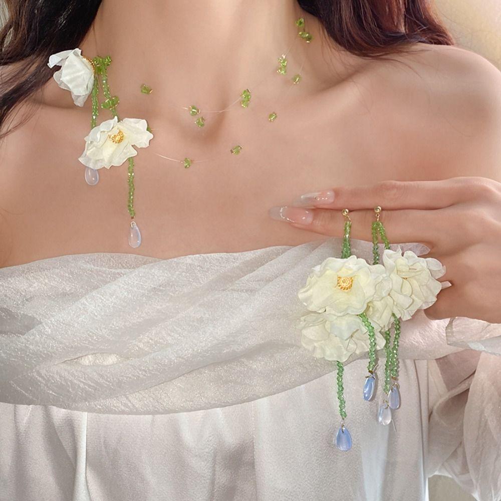 Handmade Resin Flower Necklace Minority Design Tassel Earrings Beaded Dangle Earring  Summer
