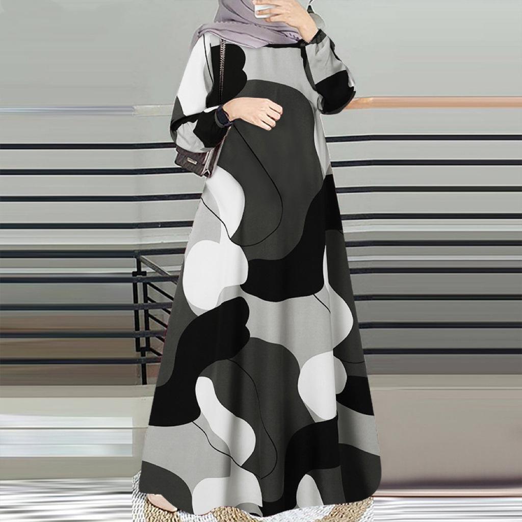 2025 Long Sleeve Round Neck Printed Robe - Middle Eastern Muslim Malay Dress