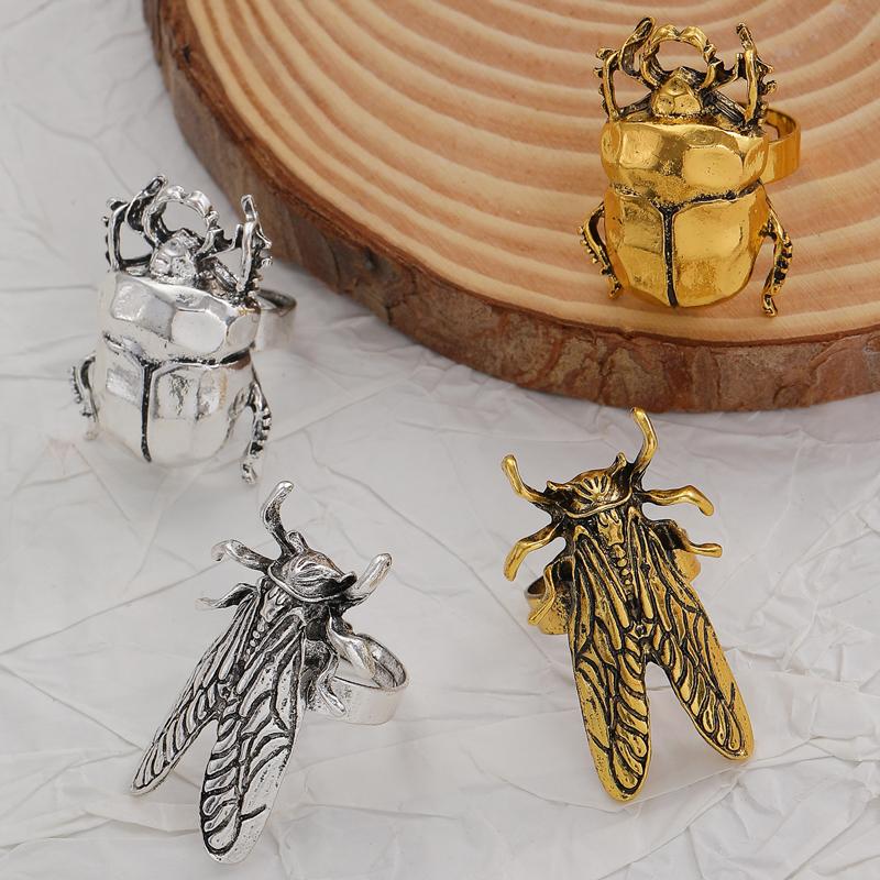Punk Beetle Open Ring for Men Women Exquisite Cicada Insect Finger Ring Vintage Exaggerated Hiphop Casual Versatile Jewelry Gift